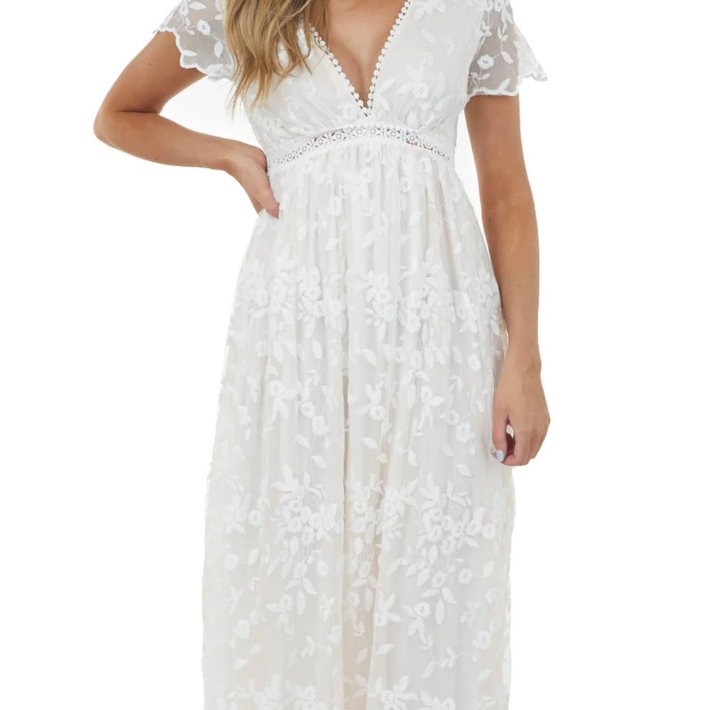 Light Peach And Ivory Lace Plunging V Neck Maxi Dress